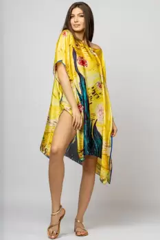 Rochie de plaja tip poncho din matase cu stilizare Noaptea Instelata pe fond galben imagine