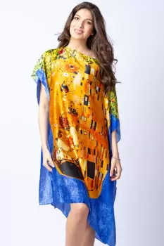 Rochie de plaja tip poncho din matase cu stilizare Sarutul pe fond albastru imagine