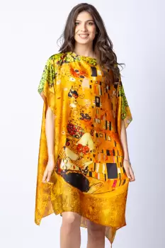 Rochie de plaja tip poncho din matase cu stilizare Sarutul pe fond galben imagine