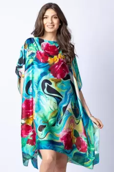 Rochie de plaja tip poncho din matase cu trandafiri fucsia pe fond turcoaz imagine