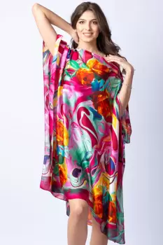 Rochie de plaja tip poncho din matase cu trandafiri orange pe fond fucsia imagine