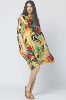 Rochie de plaja tip poncho din matase cu trandafiri pe fond galben imagine