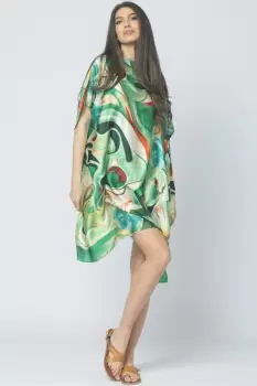 Rochie de plaja tip poncho din matase cu trandafiri pe fond verde intens imagine