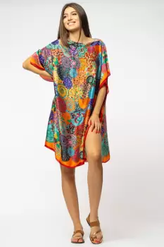 Rochie de plaja tip poncho din matase imprimat cu mandale multicolore imagine