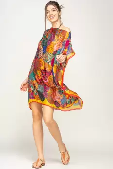 Rochie de plaja tip poncho din matase imprimat cu mandale multicolore cu rosu si galben pe margine imagine