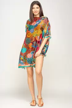 Rochie de plaja tip poncho din matase imprimat cu mandale multicolore cu turcoaz si corai pe margine imagine