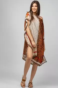 Rochie de plaja tip poncho din matase imprimat cu model animal print pe fond caramiziu imagine