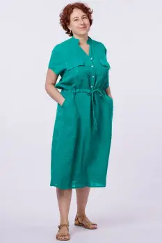 Rochie de vara midi din in cu buzunare si siret in talie, turcoaz imagine