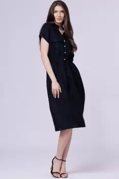 Rochie de vara midi din in cu siret in talie, bleumarin imagine