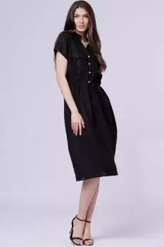 Rochie de vara midi din in cu siret in talie, neagra imagine