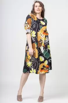 Rochie din bumbac cu imprimeu abstract pe fond negru imagine