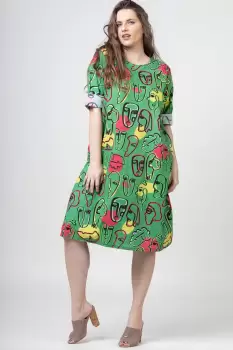 Rochie din bumbac cu imprimeu chipuri pe fond verde imagine