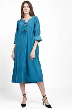 Rochie din catifea reiata, cu nasturi mari de lemn pe piept, turcoaz imagine