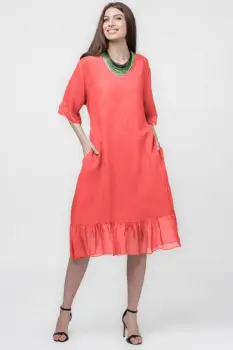 Rochie din in corai, cu volane din matase si snur in talie imagine