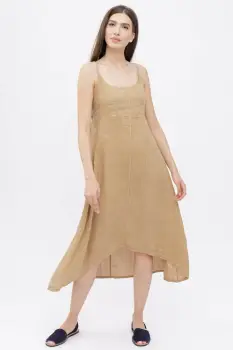 Rochie din in, cu bretele reglabile si elastic la spate, camel imagine
