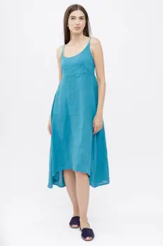 Rochie din in, cu bretele reglabile si elastic la spate, turcoaz imagine