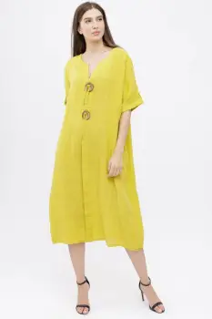 Rochie din in, cu doi nasturi decorativi pe piept, galbena imagine