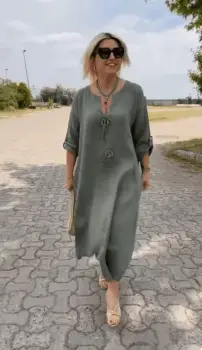 Rochie din in, cu doi nasturi decorativi pe piept, kaki imagine