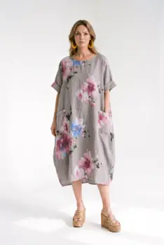 Rochie din in cu imprimeu floral si croi balon cu buzunare, bej inchis imagine