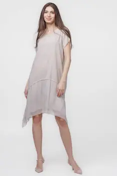 Rochie din in cu volan din matase naturala si colturi, bej imagine