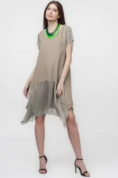 Rochie din in cu volan din matase naturala si colturi, bej inchis imagine