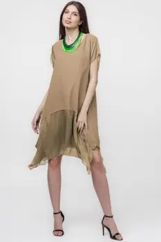 Rochie din in cu volan din matase naturala si colturi, camel imagine