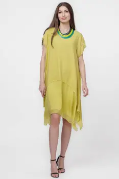 Rochie din in cu volan din matase naturala si colturi, galbena imagine