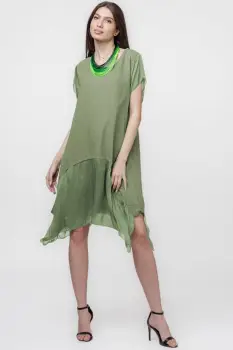 Rochie din in cu volan din matase naturala si colturi, kaki imagine