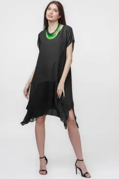 Rochie din in cu volan din matase naturala si colturi, neagra imagine