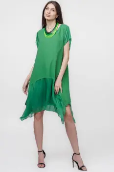 Rochie din in cu volan din matase naturala si colturi, verde imagine