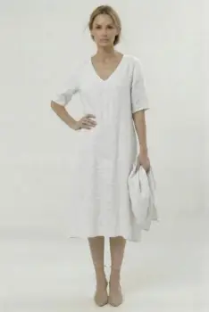 Rochie din in midi, croi lejer, decolteu in V, stil relaxat elegant, alba imagine