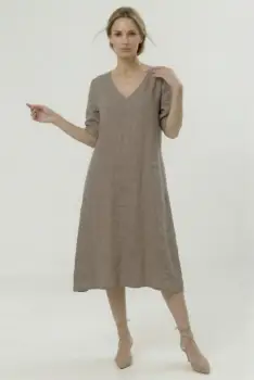 Rochie din in midi, croi lejer, decolteu in V, stil relaxat elegant, bej inchis imagine