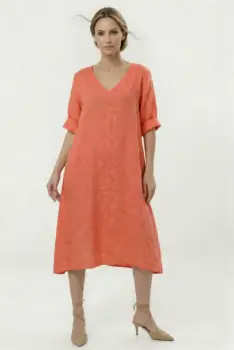 Rochie din in midi, croi lejer, decolteu in V, stil relaxat elegant, corai imagine