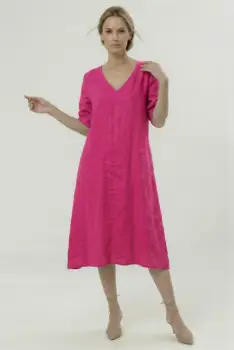 Rochie din in midi, croi lejer, decolteu in V, stil relaxat elegant, fucsia imagine