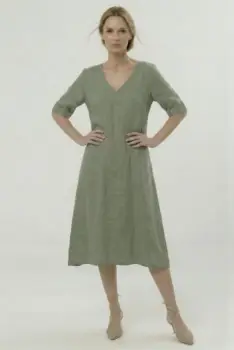 Rochie din in midi, croi lejer, decolteu in V, stil relaxat elegant, kaki imagine