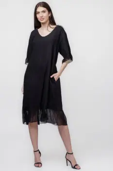 Rochie din in neagra cu volane din matase si snur in talie imagine