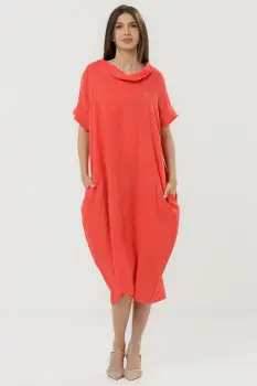Rochie din in rosu corai cu croiala oversized si guler lejer, intors imagine