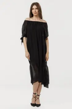 Rochie din matase naturala cu detalii feminine si croiala lejera, neagra imagine