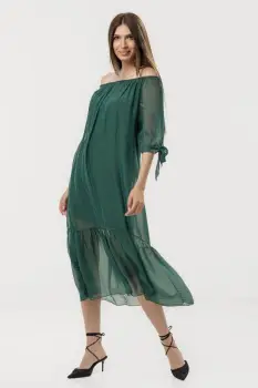 Rochie din matase naturala cu detalii feminine si croiala lejera, verde forest imagine