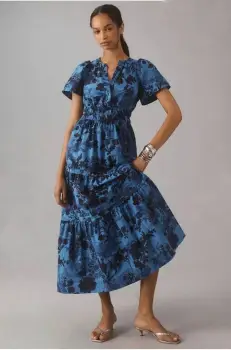 Rochie din poplin de bumbac, cu elastic in talie si volane, albastru cu bleumarin imagine