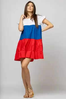 Rochie din poplin de bumbac cu trei volane colorate rosu - albastru - alb imagine