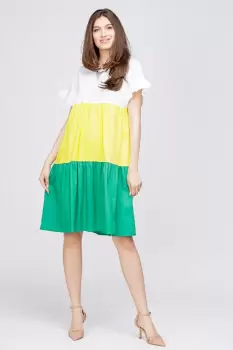 Rochie din poplin de bumbac cu trei volane colorate verde - galben - alb imagine