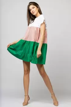 Rochie din poplin de bumbac cu trei volane colorate verde - roz - alb imagine