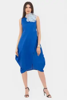 Rochie din poplin de bumbac petrecuta, cu colturi laterale, albastra imagine