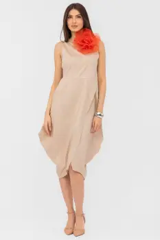 Rochie din poplin de bumbac petrecuta, cu colturi laterale, bej imagine