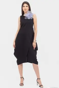 Rochie din poplin de bumbac petrecuta, cu colturi laterale, neagra imagine