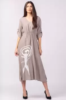 Rochie din vascoza bej, cu elastic sub bust si imprimeu imagine