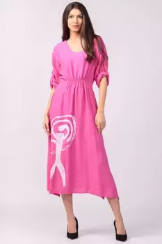 Rochie din vascoza fucsia, cu elastic sub bust si imprimeu imagine