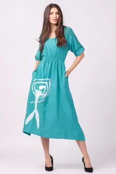 Rochie din vascoza turcoaz, cu elastic sub bust si imprimeu imagine