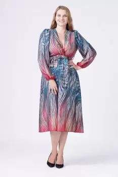 Rochie eleganta cu bust petrecut si imprimeu predominant turcoaz imagine